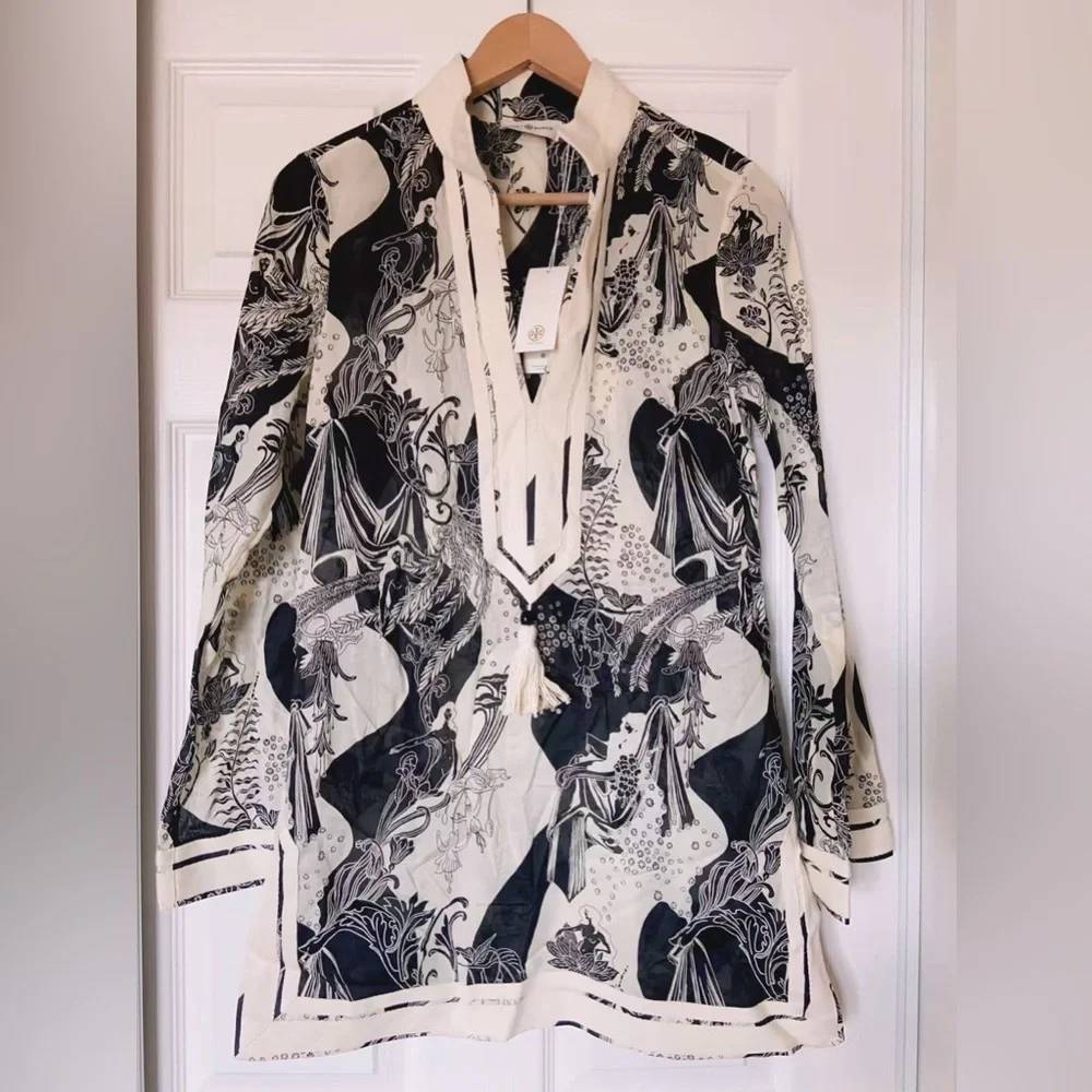 NWT Tory Burch Printed Tory Tunic French Cream Muse